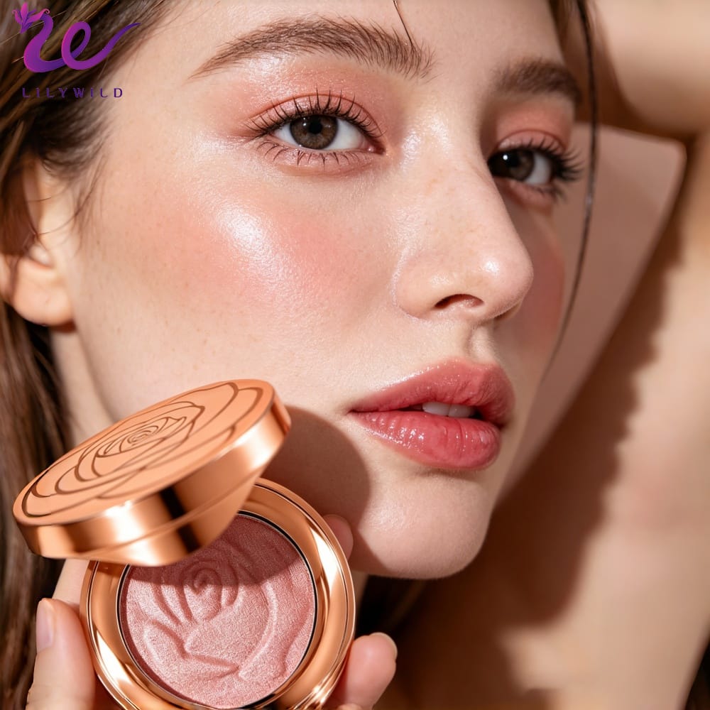 Rose Flower Shaped Powder Blush Waterproof Long Lasting Private Label High Pigment Rose Gold Compact Face Blusher with Mirror - Image 2