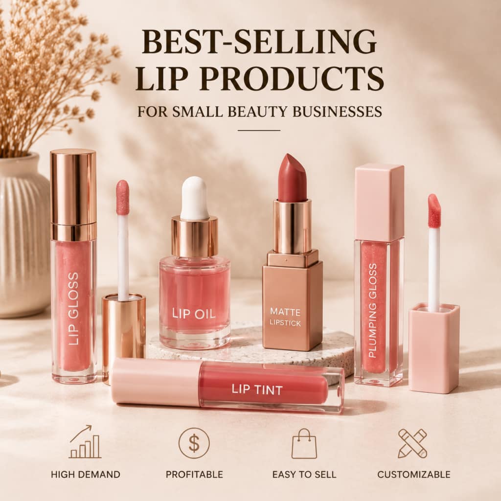 Best-selling lip products including lip gloss, lip oil, matte lipstick, and lip tint displayed for small beauty business branding and wholesale cosmetics market.