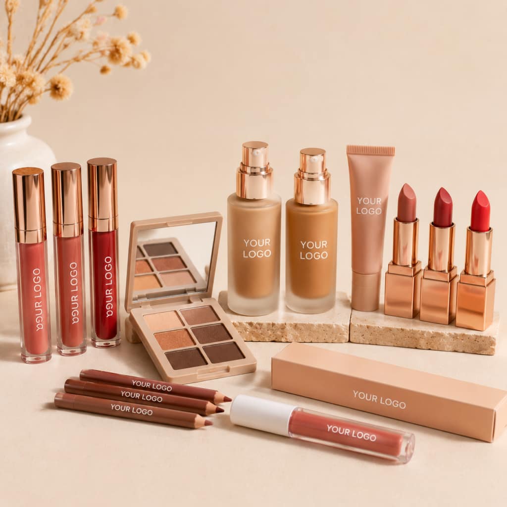 Cosmetics supplier evaluation process in China showing buyer reviewing samples, certifications, and private label makeup products for quality inspectio
