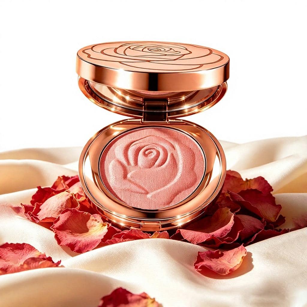 Rose Flower Shaped Powder Blush Waterproof Long Lasting Private Label High Pigment Rose Gold Compact Face Blusher with Mirror