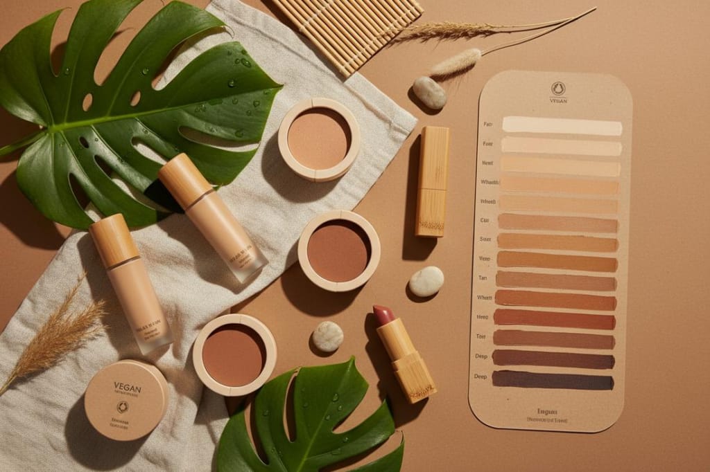 Vegan makeup wholesale products including lip gloss, brow gel, and foundation with eco-friendly packaging for beauty brands.