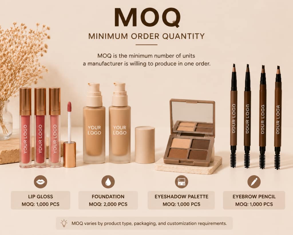 Explanation of MOQ (Minimum Order Quantity) in cosmetics manufacturing showing beauty products with labeled production quantities for private label brands.
