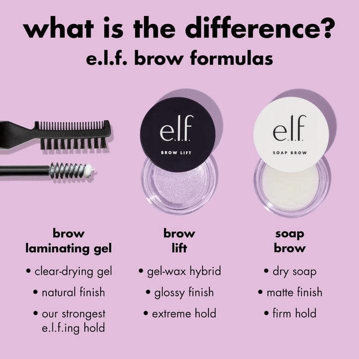 Comparison of brow gel and brow soap showing eyebrow styling products for natural and laminated brow looks.