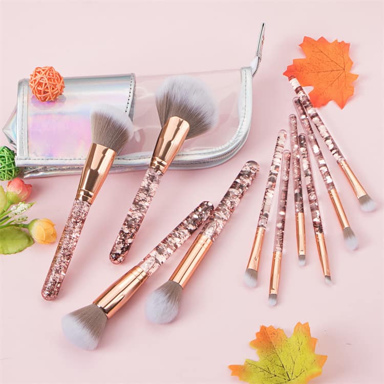 Luxury 10 Pcs Crystal Brushes Transparent Rose Gold Green Diamond Handle Makeup Brush Set - Image 6