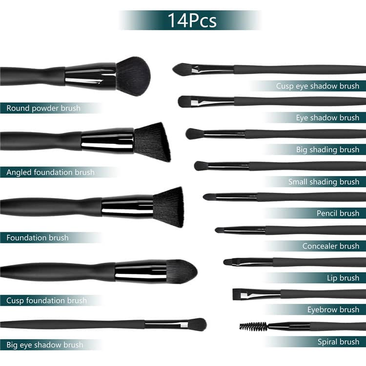 Best Selling 14pcs OEM Black Makeup Brush Set Black Diamond With PU Bag or Gift Box Cylinder Package - Image 3