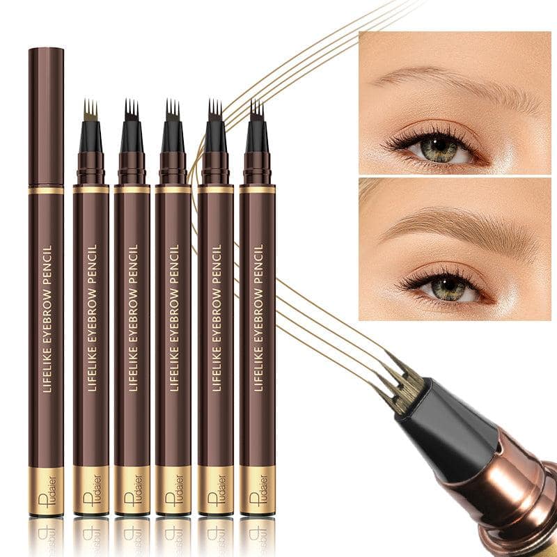 Microblading eyebrow pen close up showing natural hair-like strokes and waterproof long-lasting brow makeup performance.